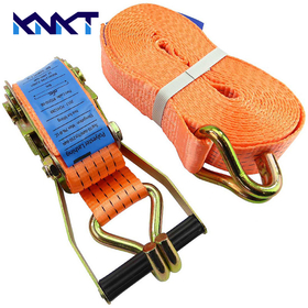 Ratchet-type lashing belt with J hook, made in China.