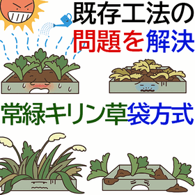 Rooftop greening method: Evergreen Kiri-sō bag method - A safe and secure rooftop greening method.