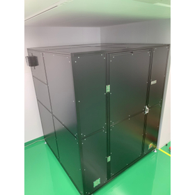 Portable darkroom with casters, equipped with ventilation fan and indoor lighting, for various experiments and measurements.