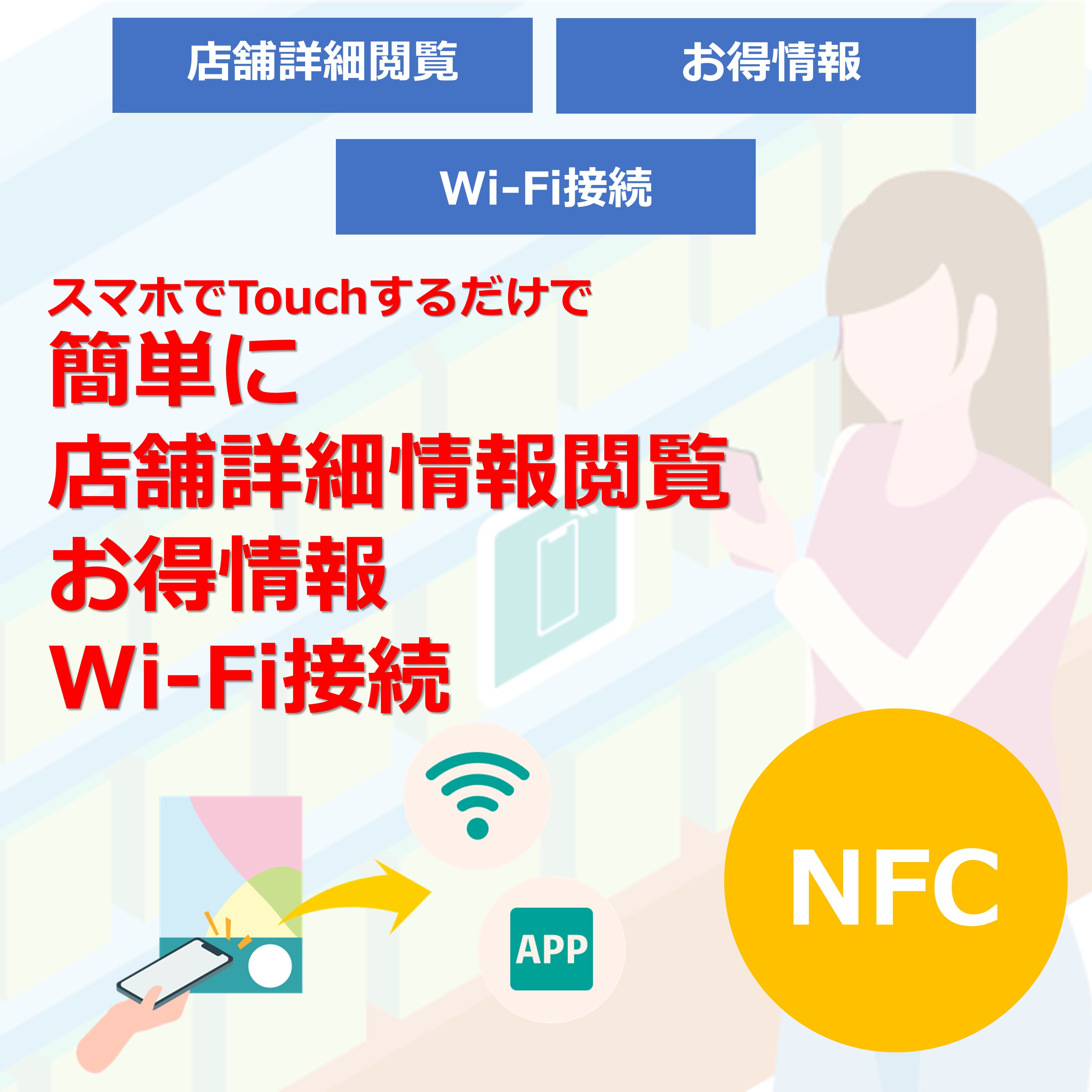 店舗詳細閲覧・お得情報閲覧、Wi-Fi簡単接続を簡単にT075