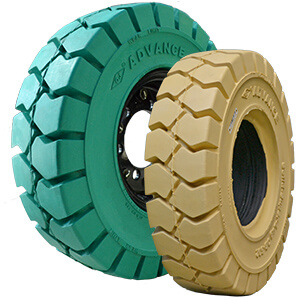 黒いタイヤ跡が床につかない産業車両用ノーパンクカラータイヤ