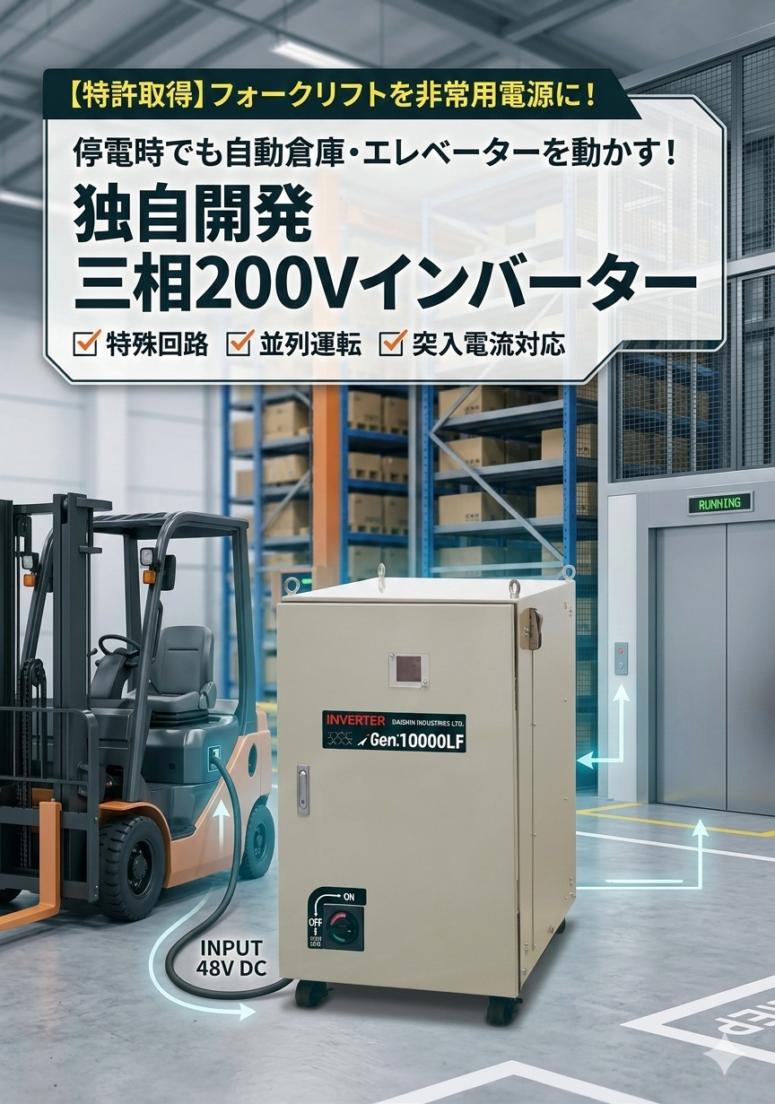 フォークリフトを非常用電源に！三相200Vインバーター ダイシン