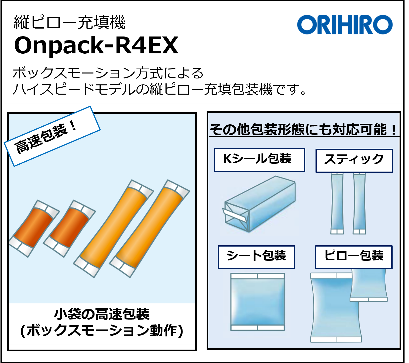 展示会出展機】縦ピロー充填機『Onpack-R4EX』 | オリヒロ - Powered