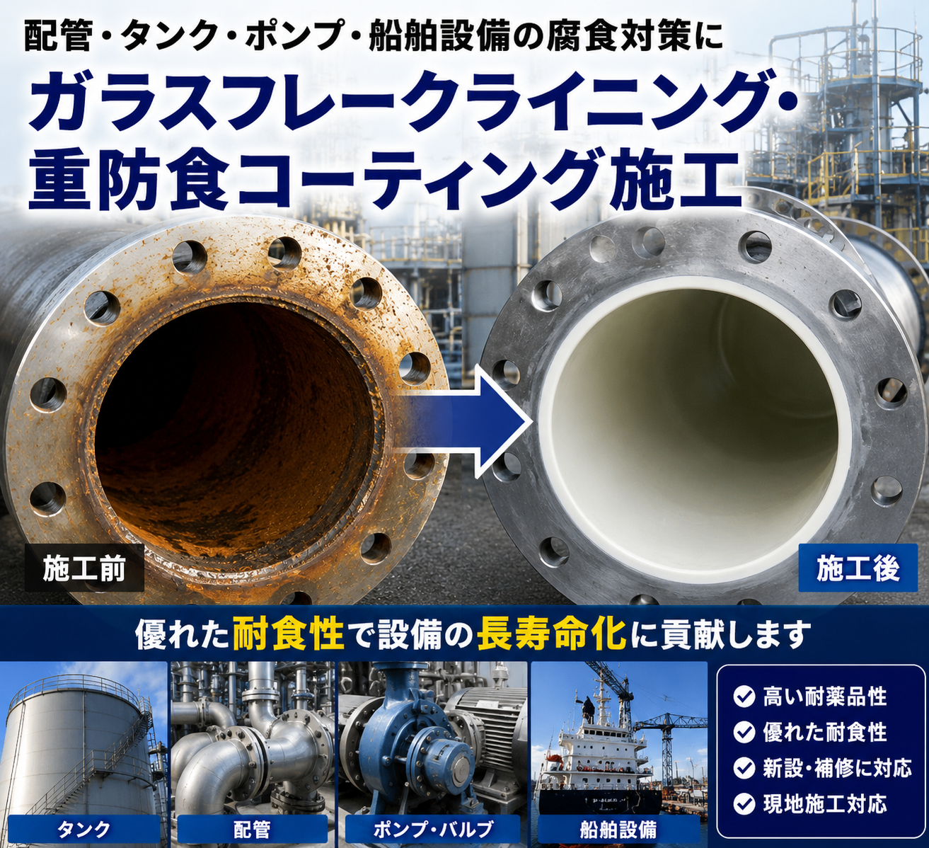 ガラスフレークライニング・重防食コーティング施工