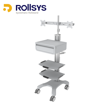 rollsys-医療向け-医療装置用システムカート-トレイ2枚-引出収納-デュアルディスプレイマウント.png