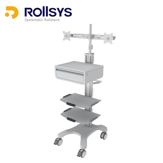 rollsys-医療向け-医療装置用システムカート-トレイ2枚-引出収納-デュアルディスプレイマウント.png