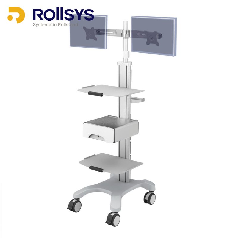 【研究向け】デュアルモニターカート、トレイ2枚、引き出し収納付き