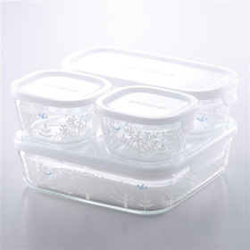 iwaki　パック＆レンジ(絵柄入り) 4点セット　青い鳥と木 