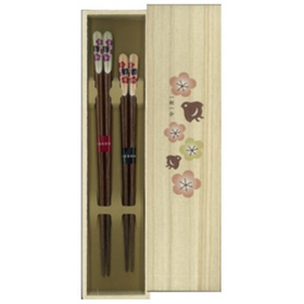 一双　吉兆桐箱夫婦箸　梅と千鳥 23cm&20.5cm