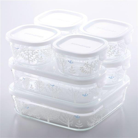 iwaki　パック＆レンジ(絵柄入り) 7点セット　青い鳥と木 