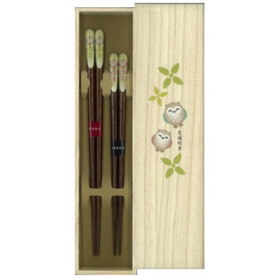 一双　吉兆桐箱夫婦箸　笑ふくろう 23cm&20.5cm