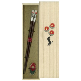 一双　吉兆桐箱箸置き付　黒猫と椿 23cm 【カトラリー】