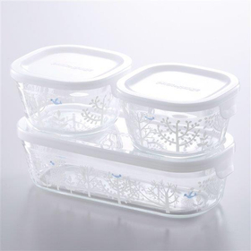 iwaki　パック＆レンジ(絵柄入り) 3点セット　青い鳥と木 