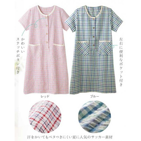 綿100%涼やかホームワンピ　青系チェック・LL