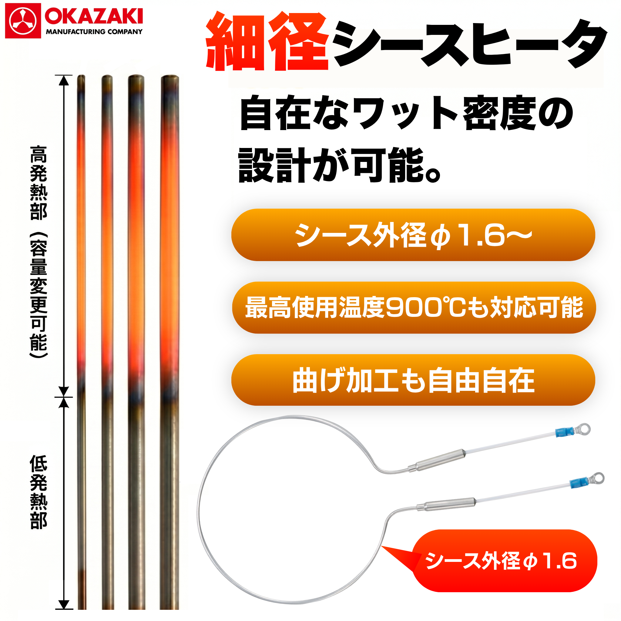 【食品加工向け】手で曲げられる1.6mm細径シースヒータ