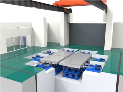 電気サーボモータ式4テーブル型大型3軸振動試験装置