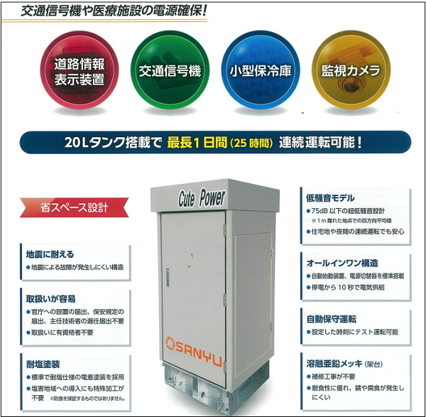 小型非常用発電装置『キュートパワー SEGS 115』 | 三友工業 - Powered