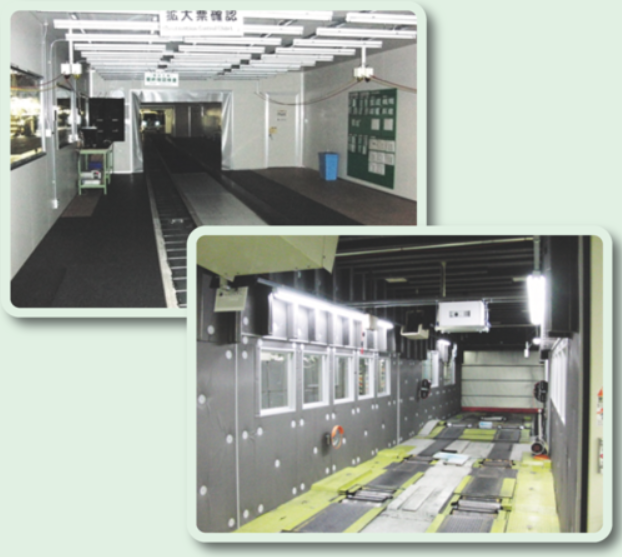 流れ作業で異音検査を実現（85dB→47dB）トンネル静音ブース