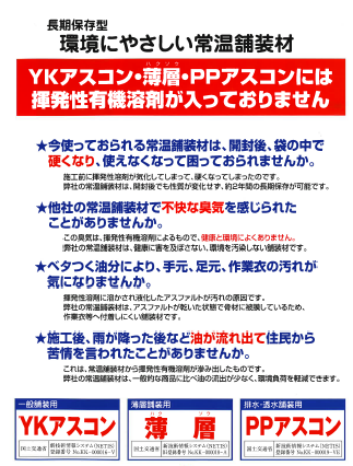 アスファルト路面のエコ補修材『ＹＫアスコン』