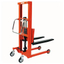 Foot-operated hydraulic forklift with large wheels and long forks.