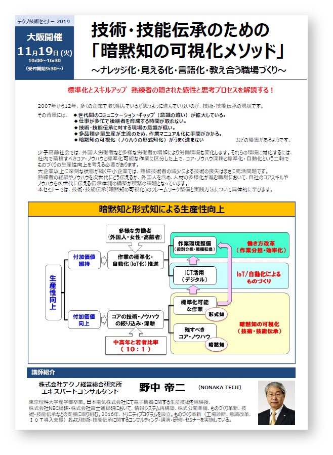 【技術セミナー】技術・技能伝承のための「暗黙知の可視化メソッド」